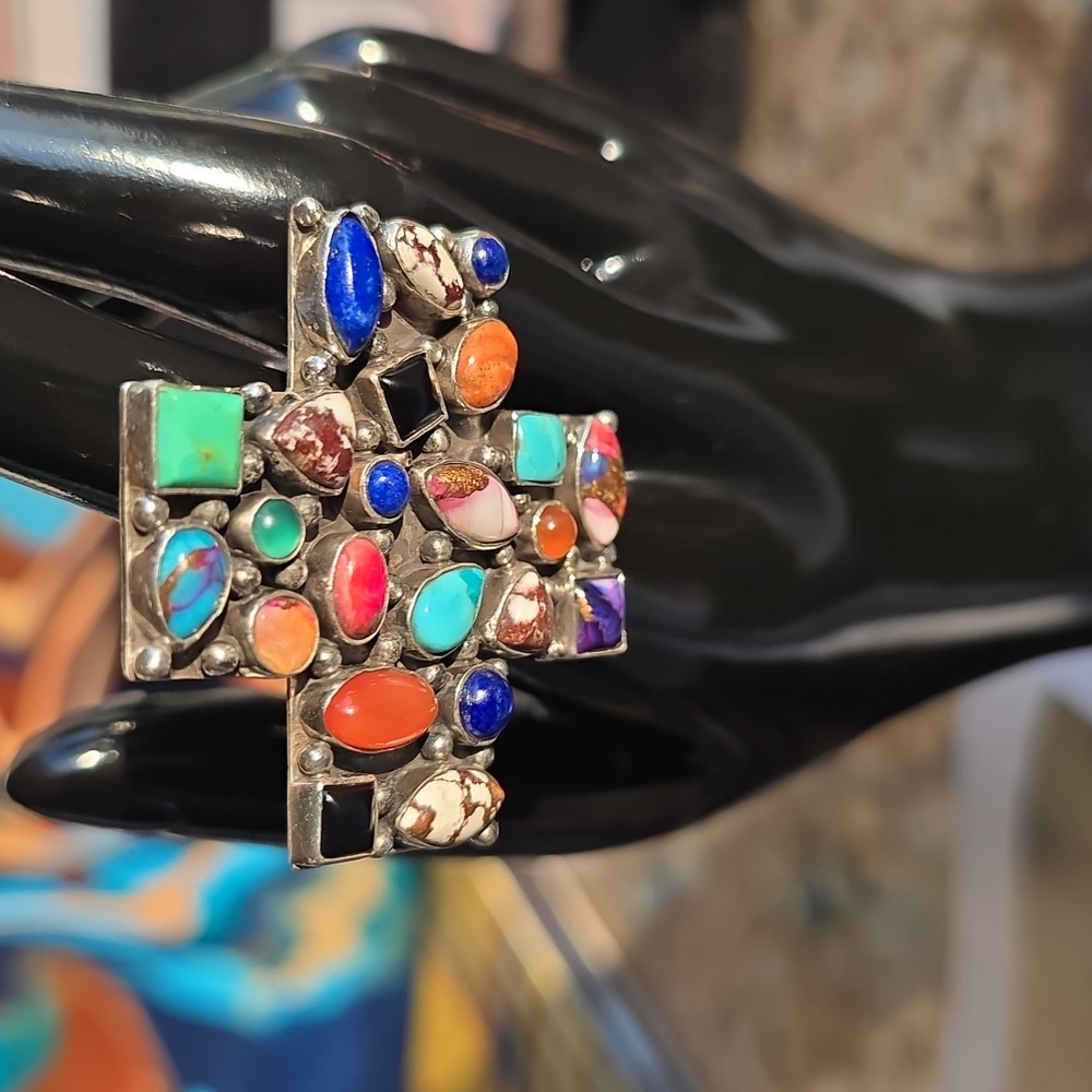 Multicolor Gemstone Cross Adjustable Ring - image 1